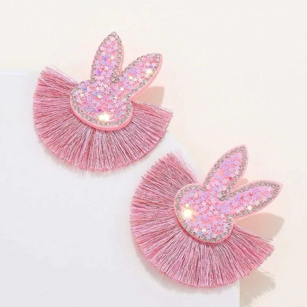 Pink Sequined Easter Bunny Fringe Earrings